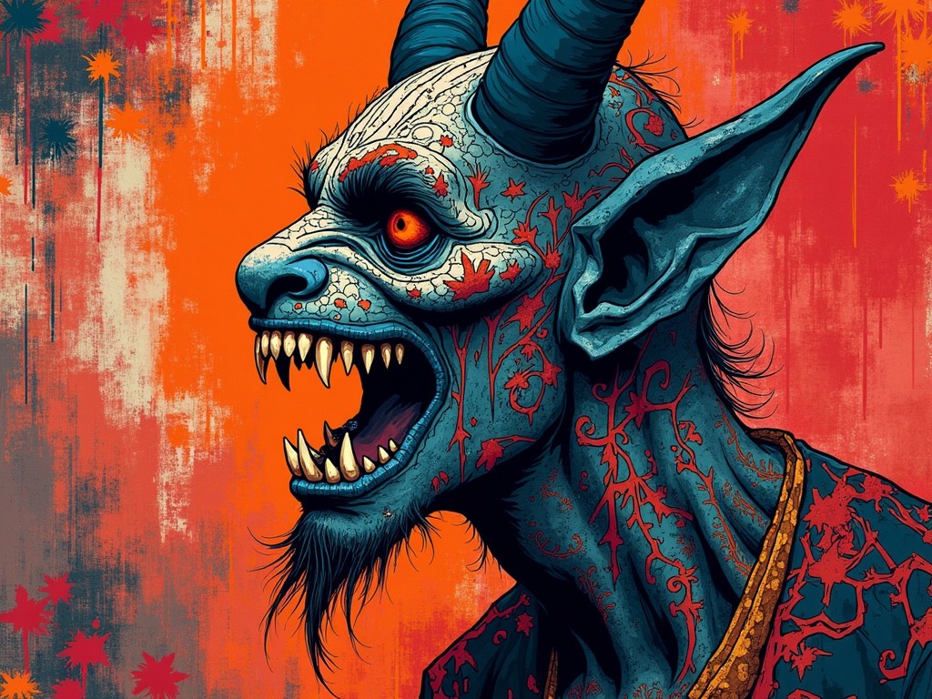 A detailed illustration of a mythical demon with blue skin adorned with red, intricate vine patterns, sharp fangs, and large horns. The background is an abstract mix of red and orange with scattered star patterns.