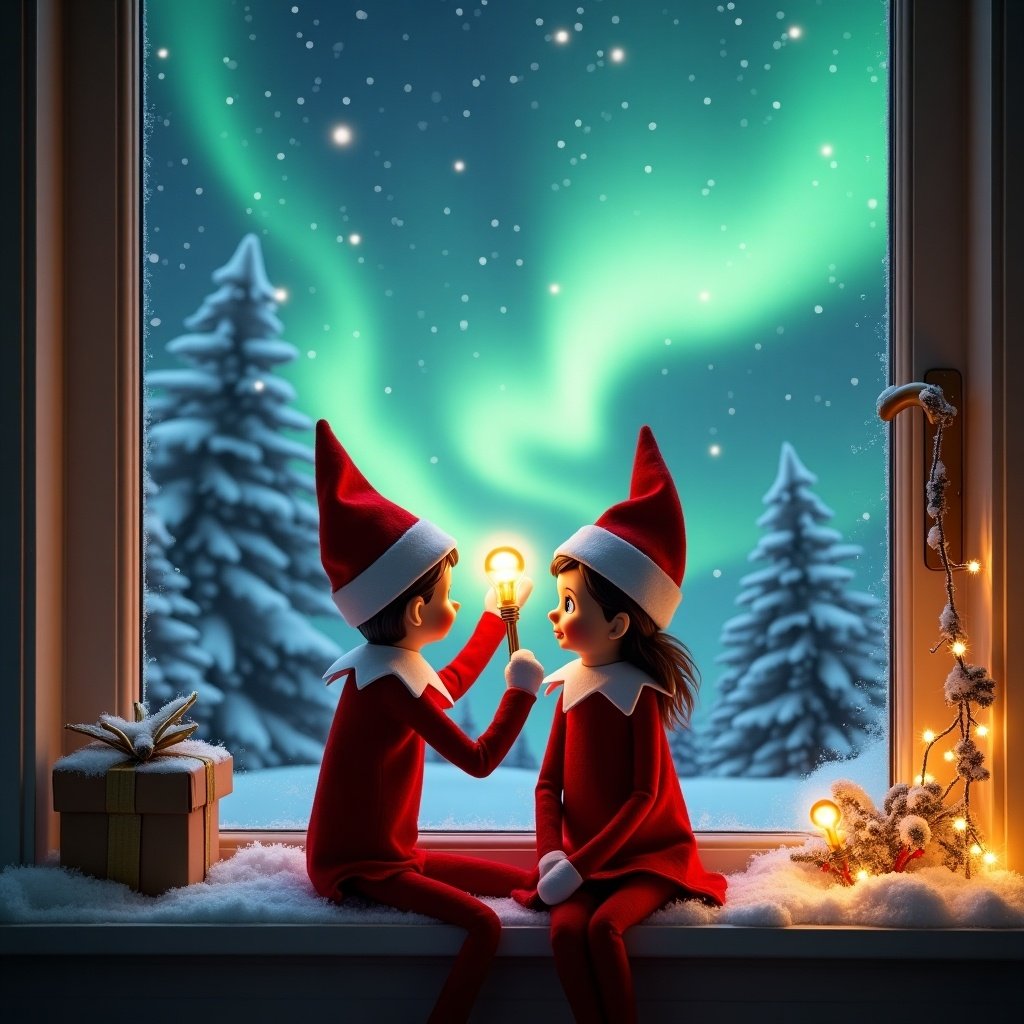 A boy and girl elf sit by a window during winter. They gaze at the northern lights in the sky. One elf grabs a light bulb, looking excited. The sky has glowing text that says 'Callie & George - see you when you get home.' The window ledge has snow and holiday decorations. Snow-covered trees fill the view outside. The scene captures the festive spirit and anticipation of Christmas.