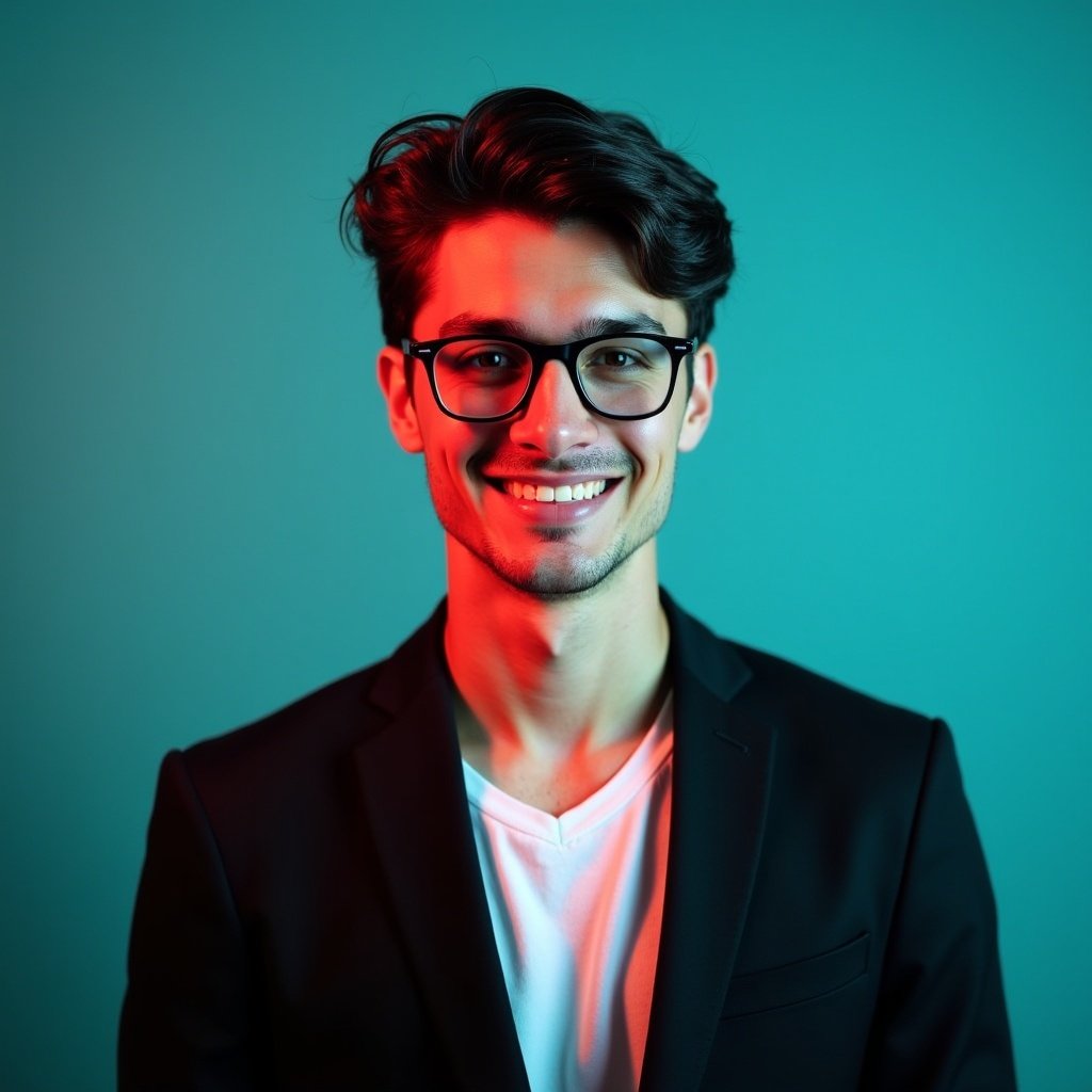 A young man with dark hair and a confident smile. He wears a black blazer over a white shirt and glasses. Positioned against an aqua backdrop with subtle red lighting. Posing for a LinkedIn profile.