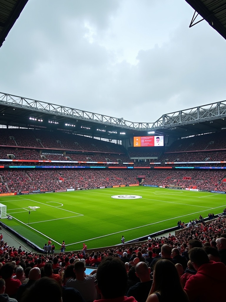 The image shows a modern stadium designed for rugby with a capacity of 100,000. It features a large green pitch surrounded by cheering fans. The sky is overcast with a few clouds. Bright lighting shines on the field. View is from the stands looking towards the field.