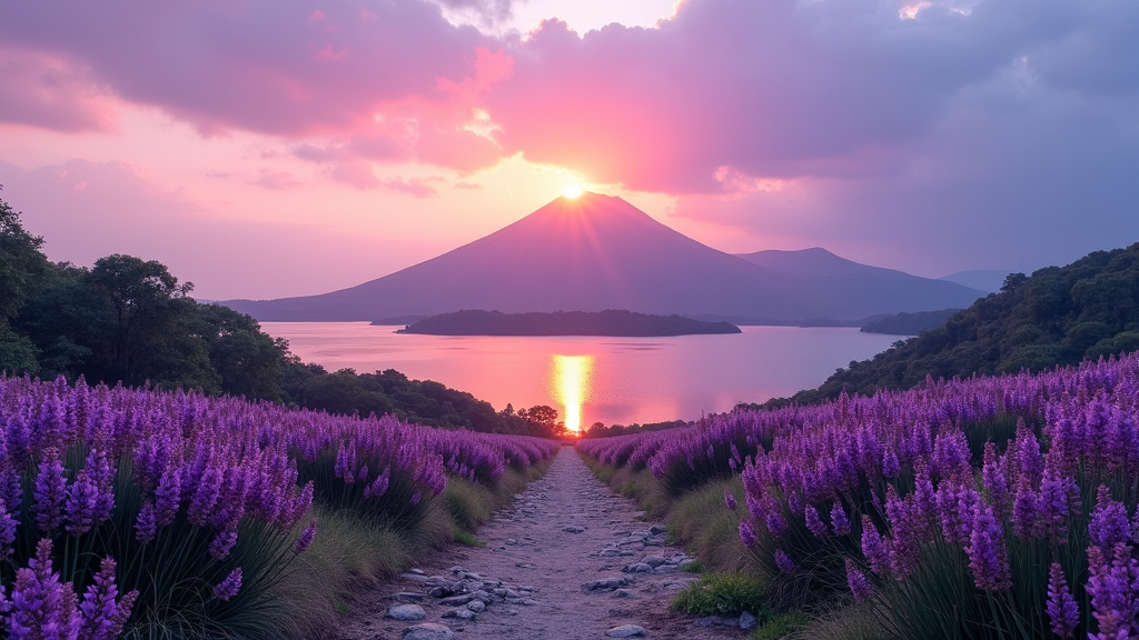 A pathway surrounded by vibrant purple lavender fields leads to a serene lake with a mountain in the background, as the sun sets, casting a golden glow on the water.