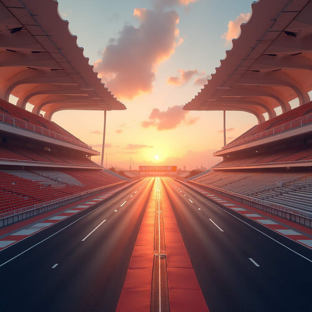 A race track with grandstands basking in the glow of a vibrant sunset.