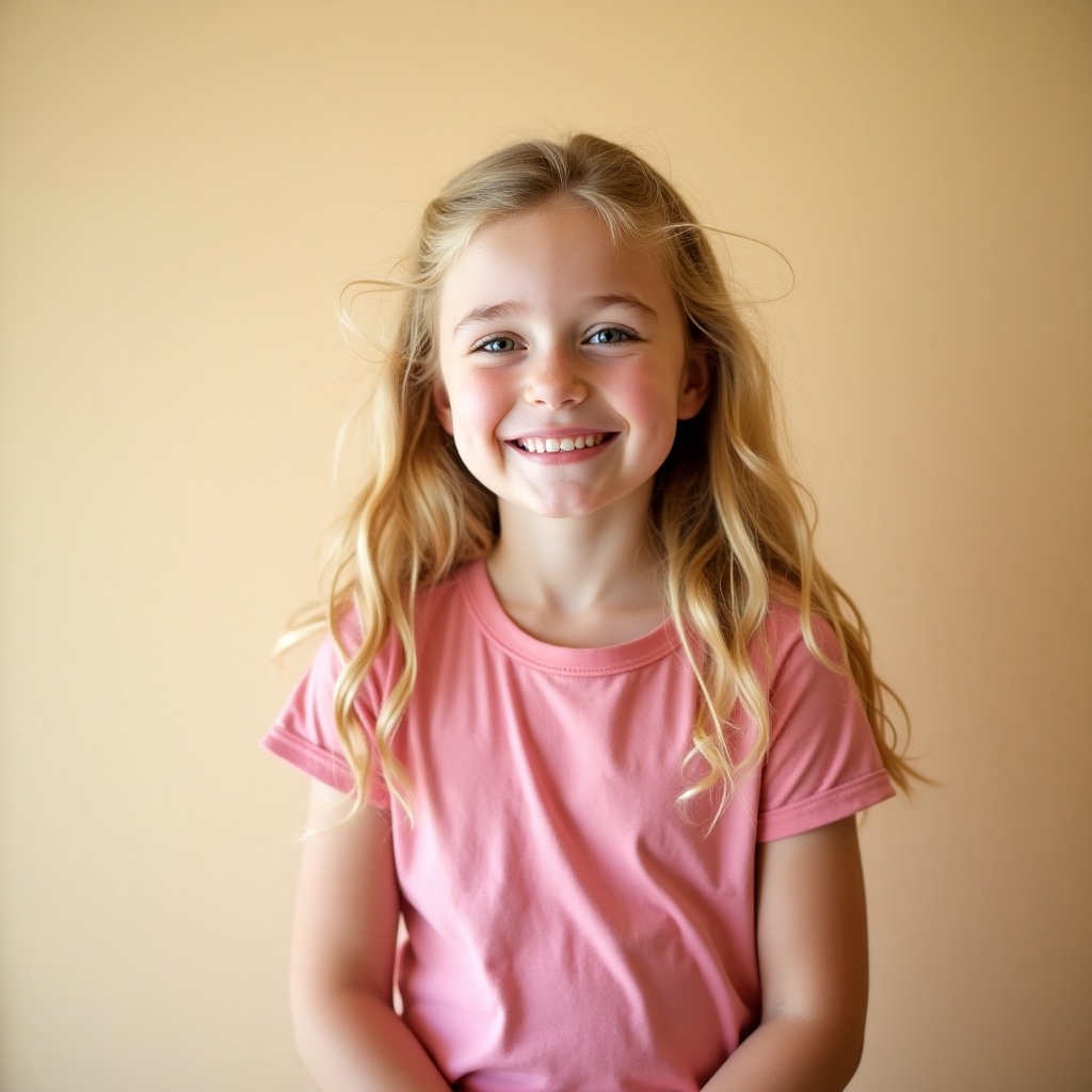 Image features a 12 year old girl with long blonde hair. She wears a fitted pink t-shirt. Background is soft gray. Her pose is relaxed, hand on hip. Lighting is soft and inviting. Image captures typical childhood moment with playful feel.