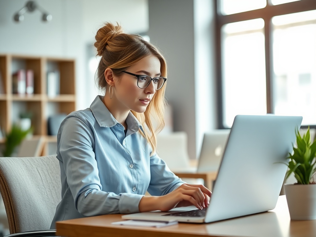 A young woman working diligently on a laptop in a modern office setting, looking focused and professional.