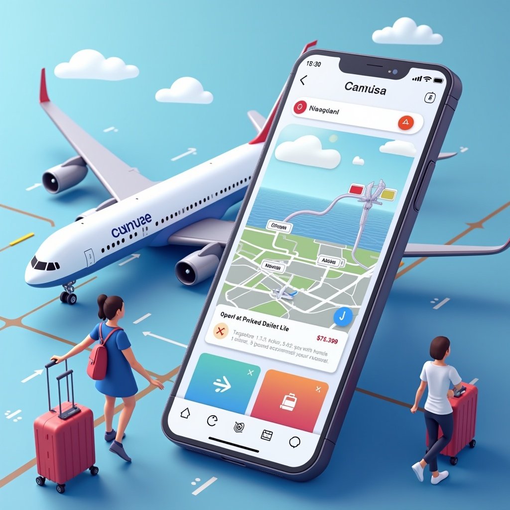 Design an airport app prototype featuring real-time flight updates, AR navigation, baggage tracking and AI-powered recommendations for passenger convenience. Show a smartphone with a travel app in the foreground next to a plane and passengers.