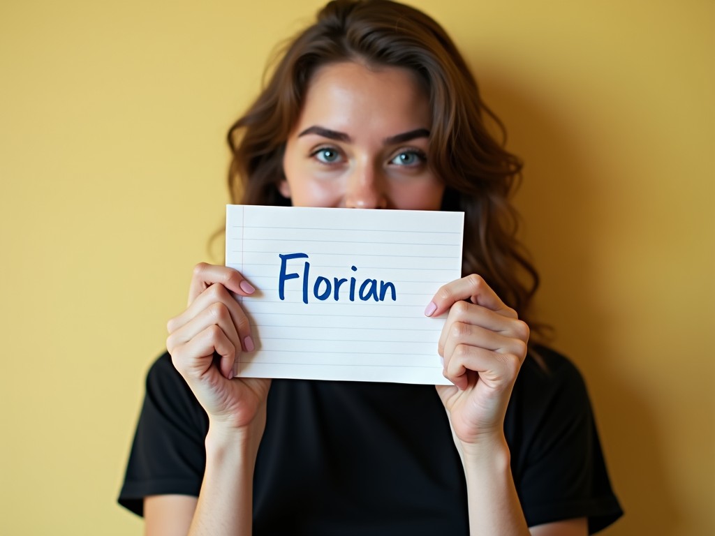 A person is holding up a piece of paper with the name 'Florian' written on it. The person is smiling, and their eyes convey a sense of joy and curiosity. The background is a warm yellow, which complements the person's dark clothing, creating a vibrant and lively atmosphere.