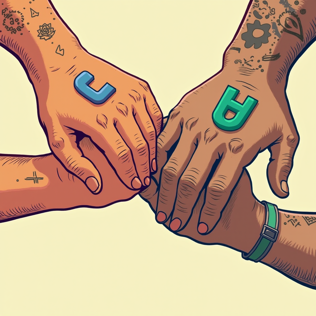 Three tattooed hands interlock in a symbol of collaboration and unity.