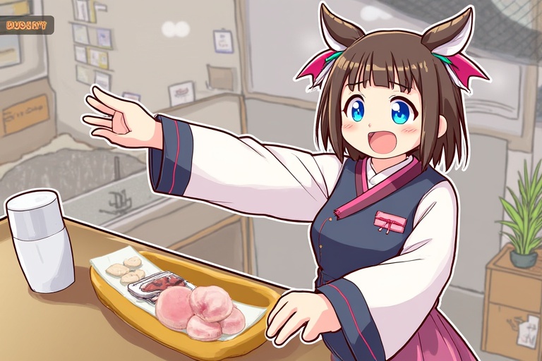 A girl smiling and serving food in a traditional setting. She wears a kimono with colorful details. A plate with various Japanese dishes is in front of her. A glass of water is beside the plate. The background shows a cozy indoor atmosphere.