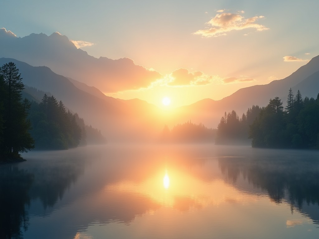 The image showcases a breathtaking sunrise over a tranquil lake surrounded by mountains. The water perfectly reflects the warm colors of the sunrise, creating a serene atmosphere. Mist hovers lightly above the lake, enhancing the peacefulness of the scene. Lush trees frame the edges of the lake, adding depth to the composition. This stunning natural landscape evokes feelings of calm and tranquility, inviting viewers to appreciate the beauty of nature.