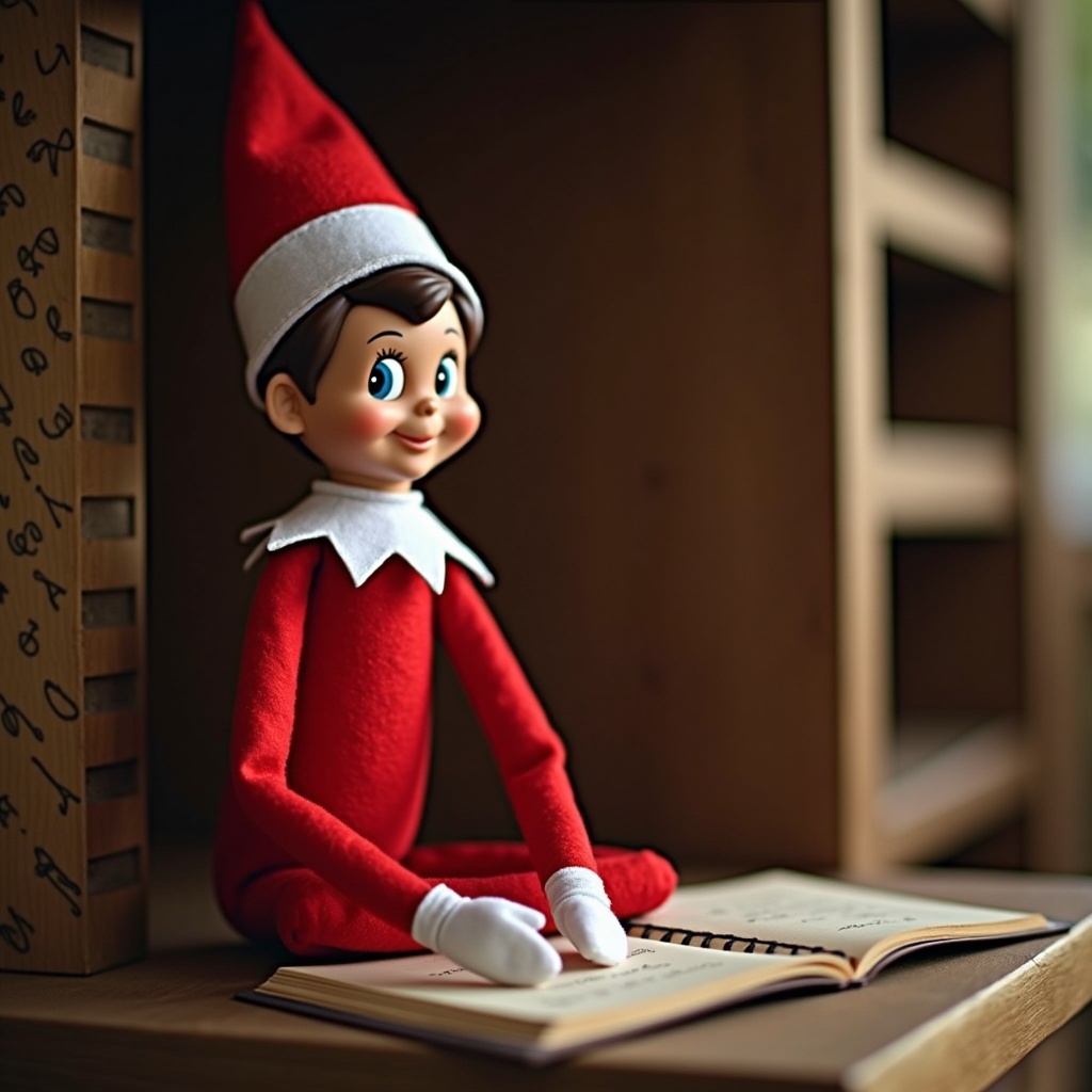 A charming Elf on the Shelf doll sits on a wooden shelf amid a cozy background. The elf, with a friendly smile, is dressed in a classic red suit with a white collar. In front of it lies an open book, suggesting that it has been writing or reading. The setting has a warm, inviting ambiance, perfect for the holiday season. The lighting softly illuminates the elf, drawing attention to its expressive face. This image captures the magic of Christmas traditions in a playful manner.