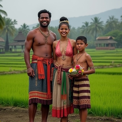 Family of four in Bali stands together in rice paddies. Father wears traditional udeng and kenceng with maroon shirt. Mother dressed in kemben and kabaya holds offering basket. Daughter in pink kebaya with floral sarong. Son wears saput poleng and destar headdress. Traditional clothing reflects cultural significance and harmony with nature.