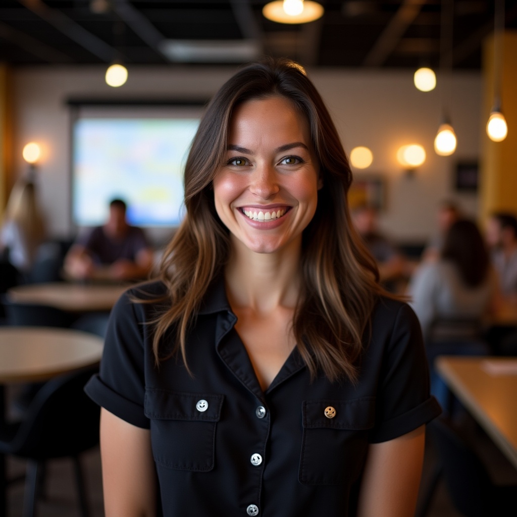 Start with the presenter in a well-lit environment, smiling and welcoming viewers. She's positioned centrally, exuding warmth and approachability. The background features a casual, professional setting with soft lighting. Group of people engaged in conversation can be seen behind her, emphasizing the collaborative atmosphere. The overall mood is positive, making it suitable for corporate or educational contexts.