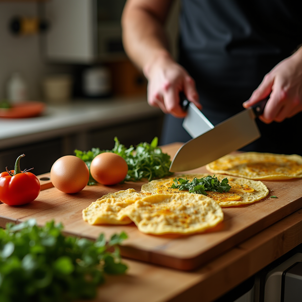 A person prepares a delicious omelette with fresh herbs, tomatoes, and eggs in a kitchen setting.