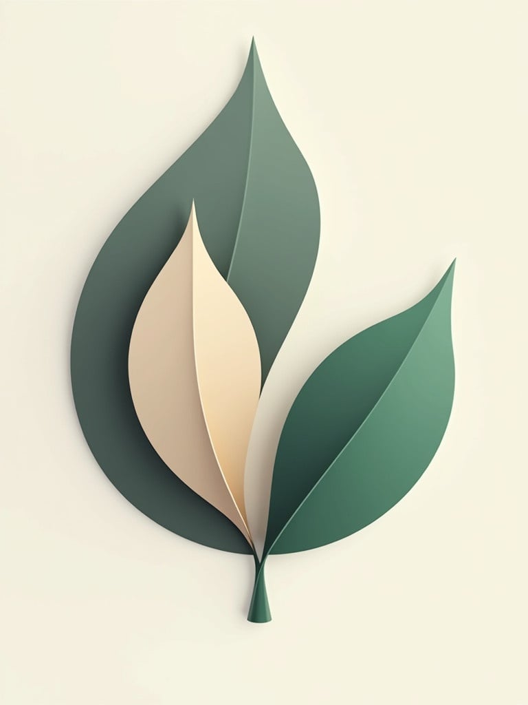 Minimalist 3D logo design inspired by Iranian architecture and palm leaves. Features modern abstract shapes. Color palette includes graphite gray ivory white emerald green and beige. Offers simplicity balance and refinement. Text Palma Studio integrated subtly.