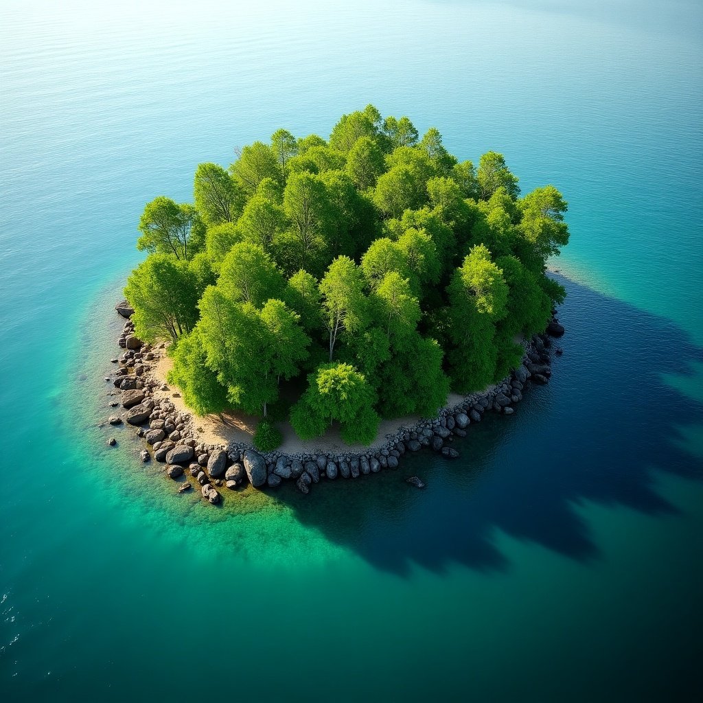 Lush island in Kerala with vibrant green trees surrounded by calm water and shadows in the sea.