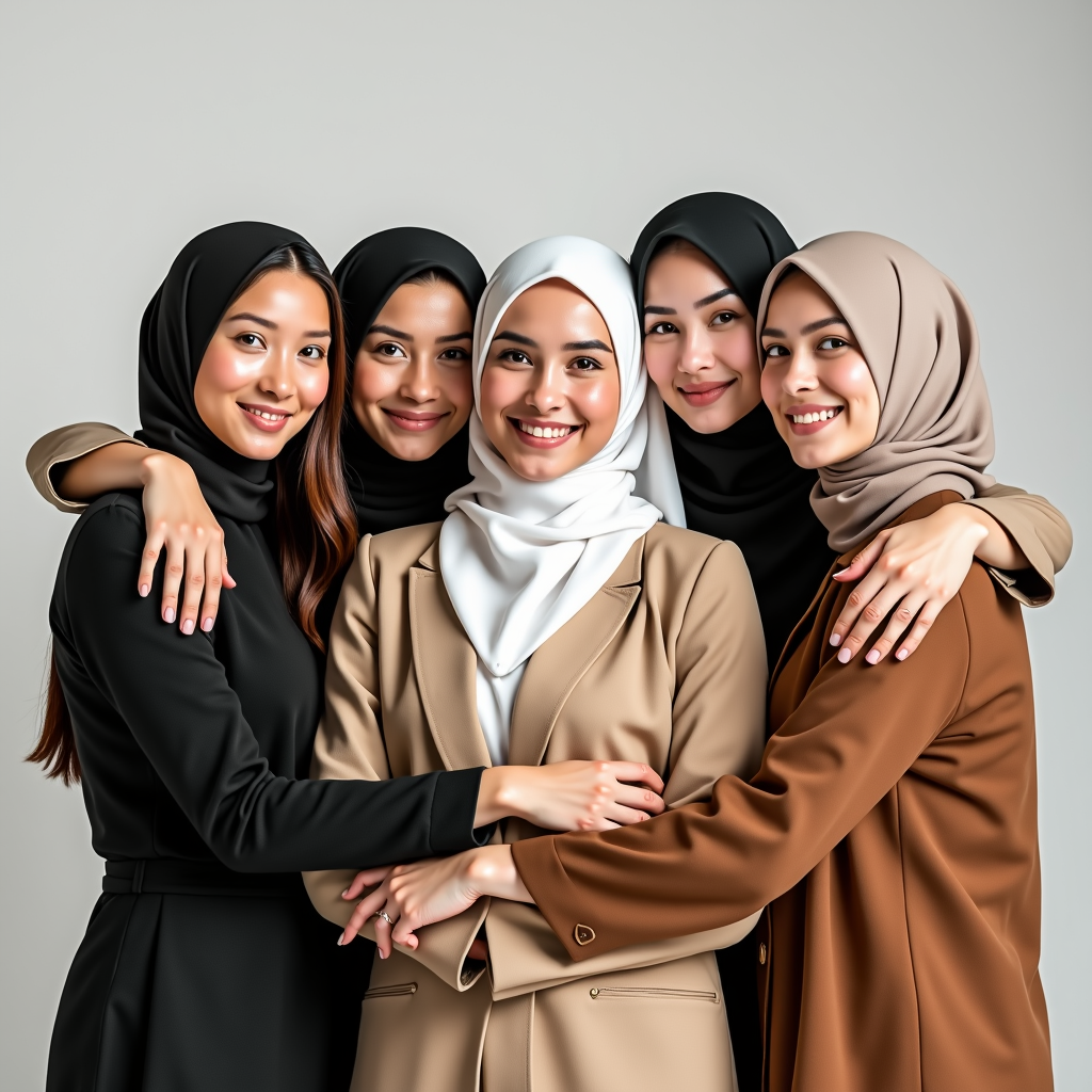 A group of five smiling women in colorful hijabs, embracing each other in a show of unity and friendship.