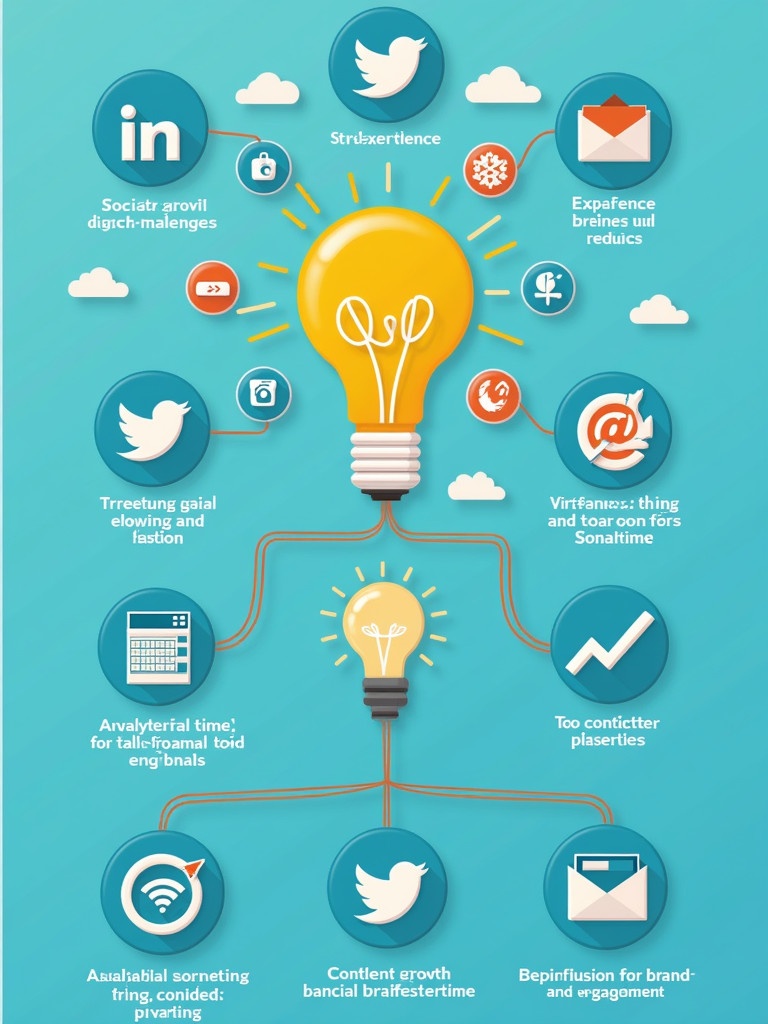 Infographic represents digital marketing concepts. Light bulb symbolizes ideas and innovation. Surrounding icons depict social media, email, and analytical tools. Emphasis on modern strategies for brand growth and engagement.