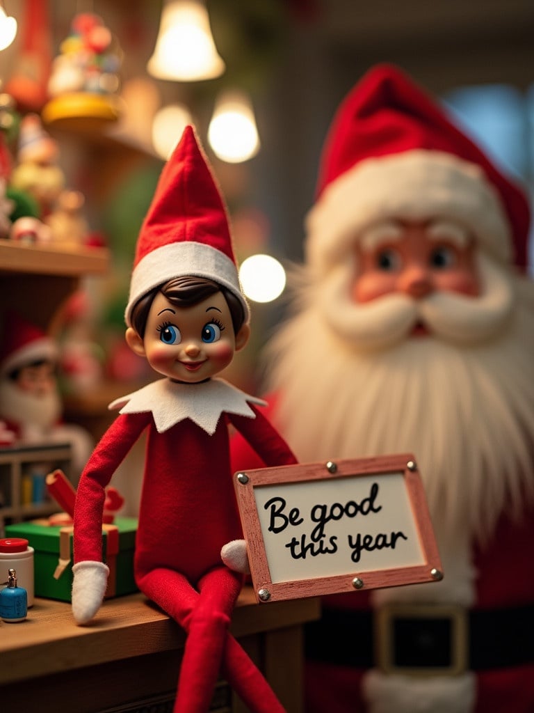 Elf on the shelf in red outfit holding a sign that says be good this year. Cheerful Santa Claus is nearby in a festive toy workshop. Christmas decorations fill the background.