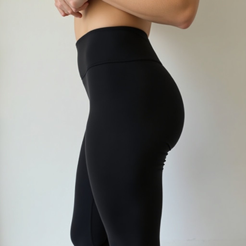 Image of black lycra leggings on a model. The focus is on the side profile. Material is stretchy and form-fitting.