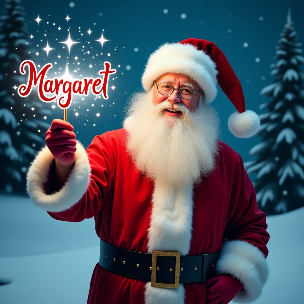 A jolly Santa Claus in a snowy landscape holds a magical wand shining the name Margaret. He wears a classic red suit with white trim and a matching hat. Santa's eyes twinkle joyfully. Behind him is a snowy scene with evergreen trees and a starry night sky. The atmosphere is festive and magical.