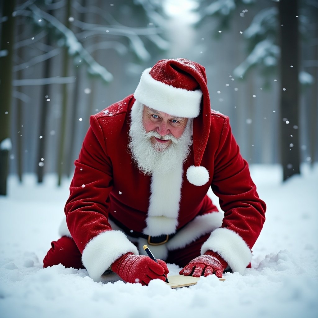 Santa Claus writes a name in the snow. The scene shows a snowy forest with soft lighting. Red suit and gloves stand out against the snow. Evokes holiday cheer and warmth.