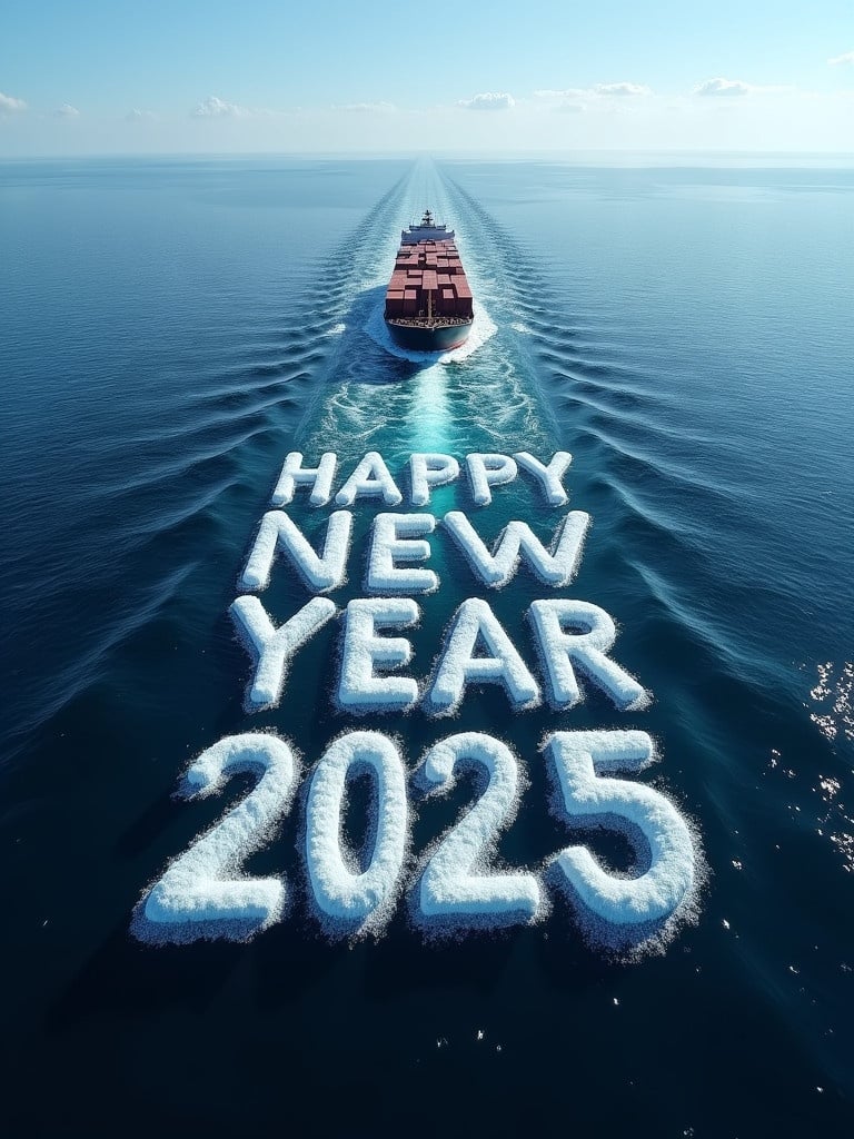 Container ship sails on deep blue sea. Camera follows the ship from above. Wake creates foam that shapes into letters. Letters spell out 'HAPPY NEW YEAR 2025'. Message persists briefly before dissolving into the ocean. Ship moves toward horizon.