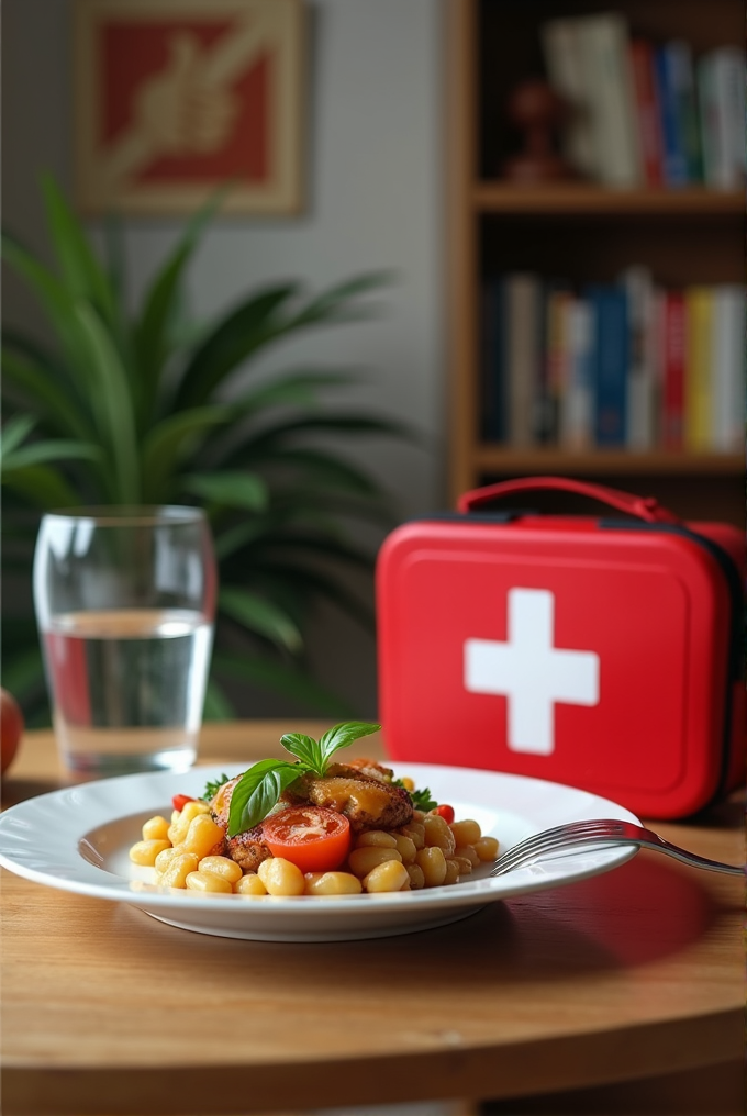 A plate of beans topped with vegetables sits on a table next to a red first aid kit and a glass of water.