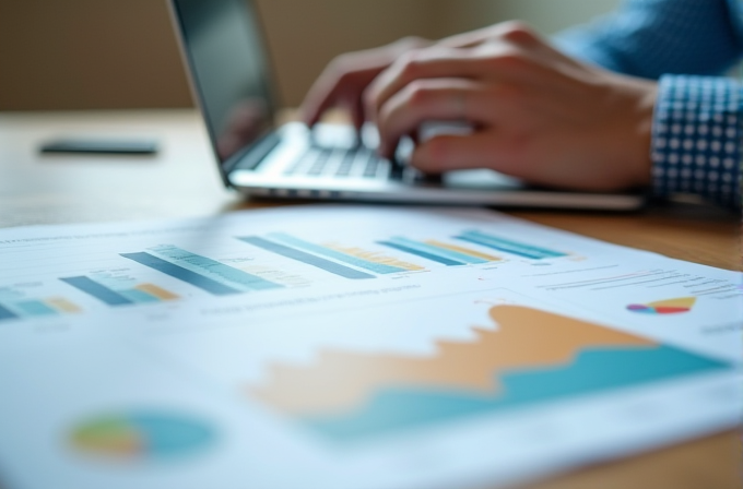 A person typing on a laptop with graphs and charts in the foreground.