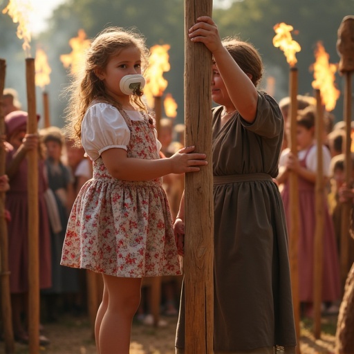 Outdoor historical festival scene. Girl in floral dress. Mother securing her to a pole. Children around her tied to nearby poles. Bright atmosphere with logs and branches. Fake fire flames create vibrant background.