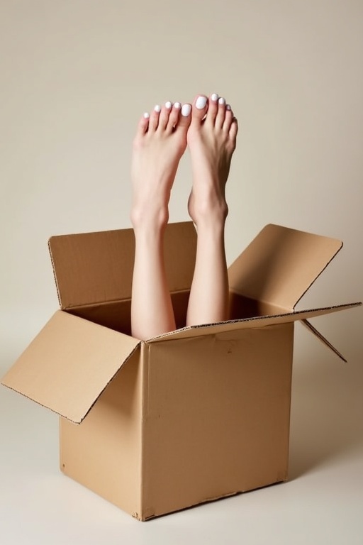 Female feet are shown coming out of a cardboard box. Feet have white nail polish. The cardboard box is large with flaps open. The background is neutral and simple.