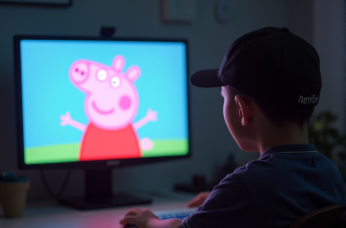 A child in a dark room watches a cartoon pig character on a computer screen.