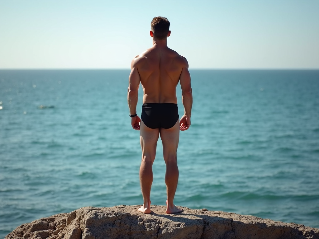 A muscular man in swim trunks stands on a rocky outcrop, looking towards the ocean horizon under a clear blue sky.