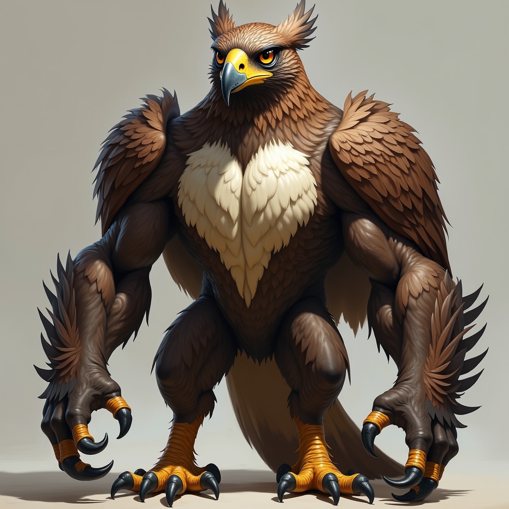 Imagine a creature with the presence of a hawk and humanoid features. Eyes are sharp and intelligent. The creature stands upright with elegance. Feathers cover strong arms that end in talon-like hands. Chest features both feathers and skin. Face has a hawk beak and human-like eyes.