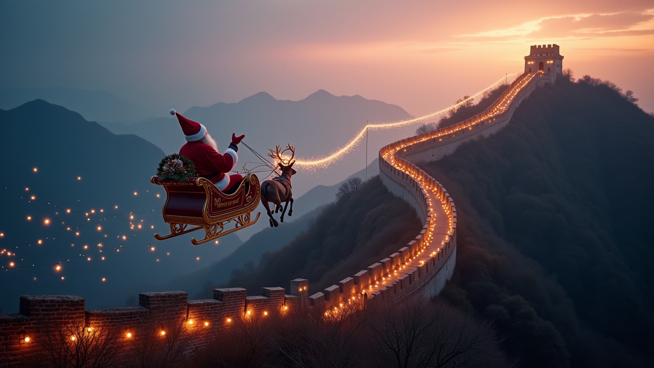 Magical atmosphere. Aerial view of Santa flying on a sleigh over The Great Wall of China. Sparkles trail from his sleigh. Shot with Arriflex Alexa. Ultrarealistic depiction.