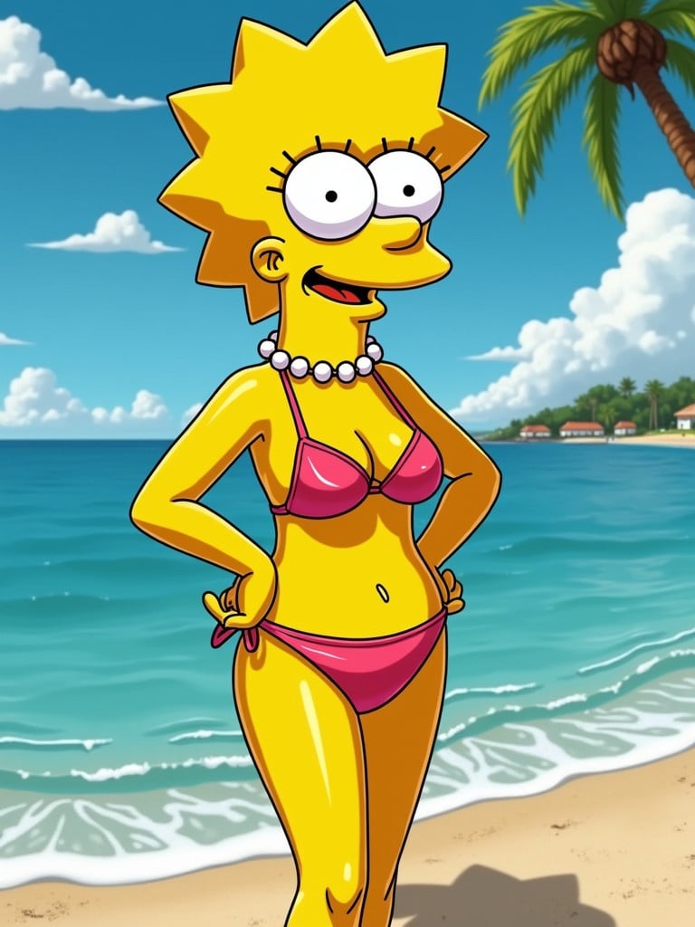 Lisa Simpson character wearing a pink bikini on a beach with palm trees and water in the background.