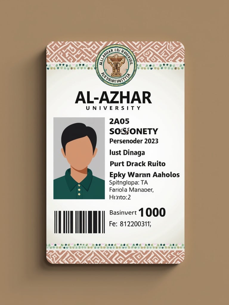 Al-Azhar University ID Card created for a student in Indonesia with valid date 2023. Card features student photo, name, and identification details.