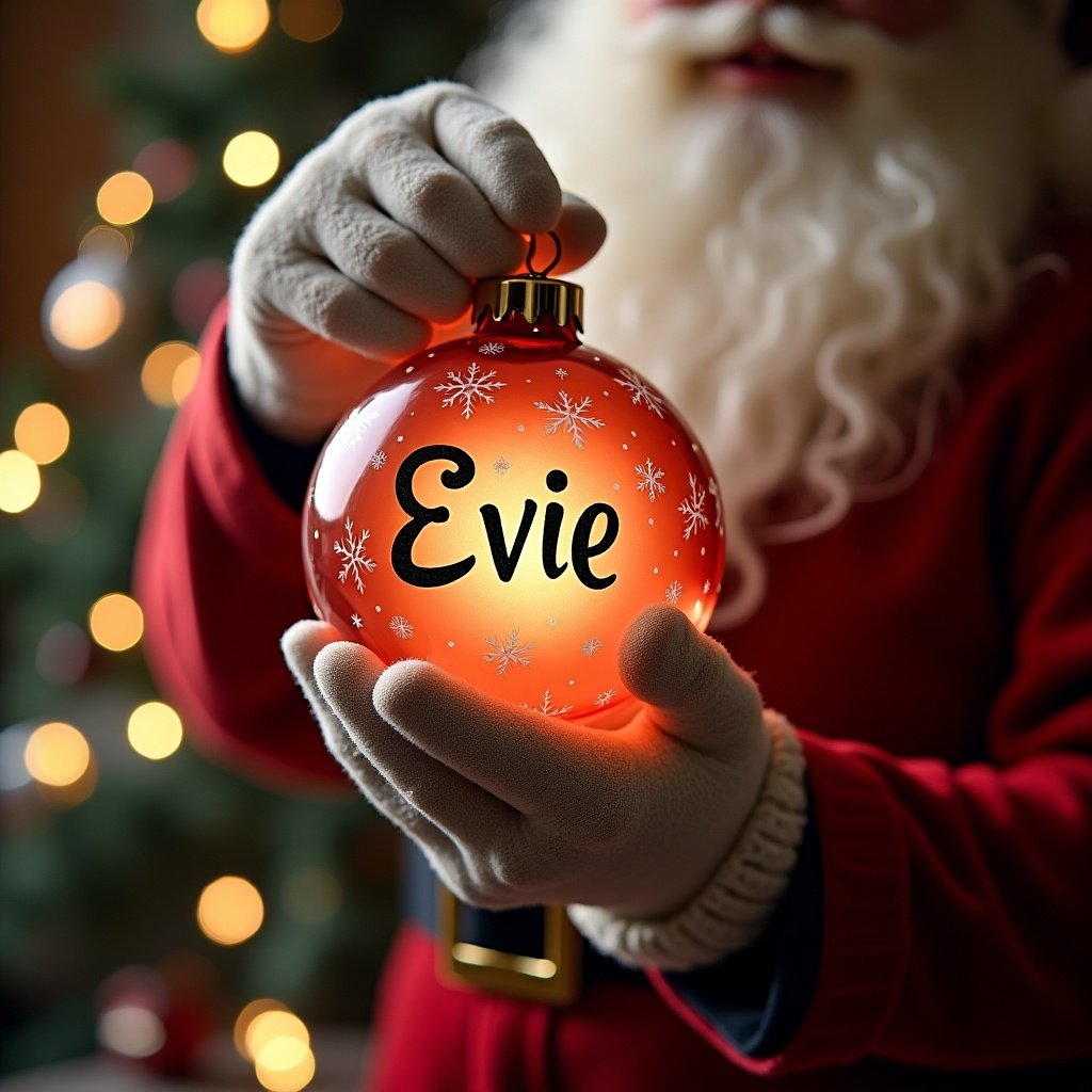 This image features Father Christmas holding a beautifully crafted Christmas bauble. The bauble is striking red with white snowflakes and prominently displays the name 'Evie' in elegant lettering. Father Christmas, with his signature red suit and fluffy white gloves, is depicted in a warm and inviting way. Soft, warm lighting enhances the cozy atmosphere of the scene. The background is adorned with twinkling lights and hints of a decorated Christmas tree, adding to the holiday cheer.