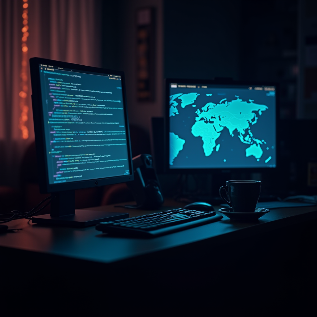 A dimly lit workspace with dual monitors displaying code and a map, accompanied by a coffee cup, evokes a sense of late-night work in a tech-focused setting.