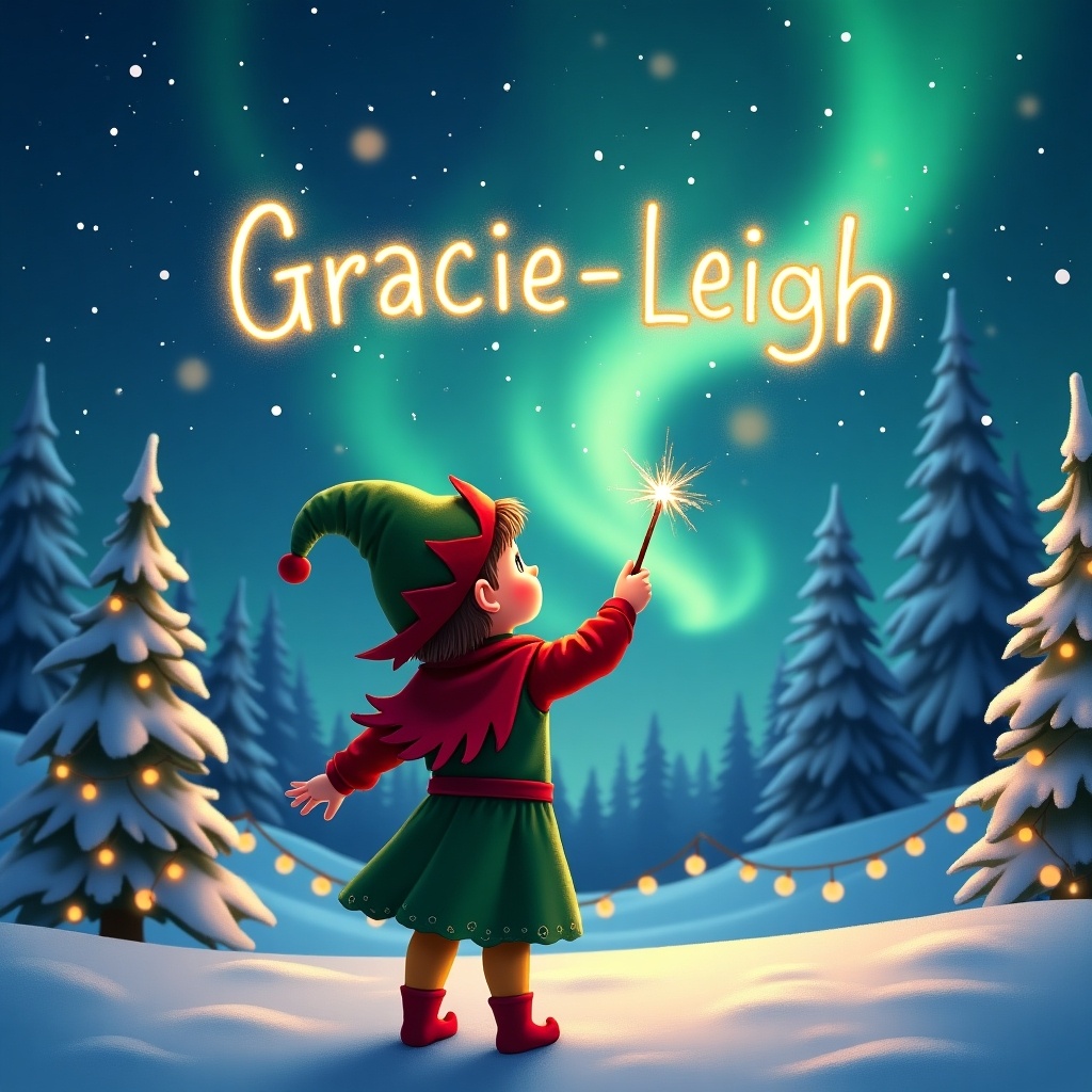 A child dressed as an elf stands with their back to the viewer, gazing up at the night sky. They hold a wand, using it to create the name Gracie-Leigh in the air. The scene is set in a winter landscape, featuring snow-covered trees and twinkling lights. The sky is illuminated by beautiful northern lights, creating a magical atmosphere. The entire composition exudes a cheerful and festive vibe, perfect for the holiday season.