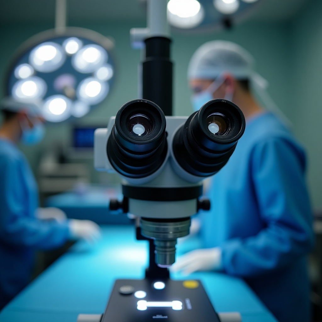 Image of a surgical microscope in a medical setting. Clinical environment with blue drapes and surgical lights in background. Metal microscope with multiple lenses on a table. Healthcare professionals visible in background working.