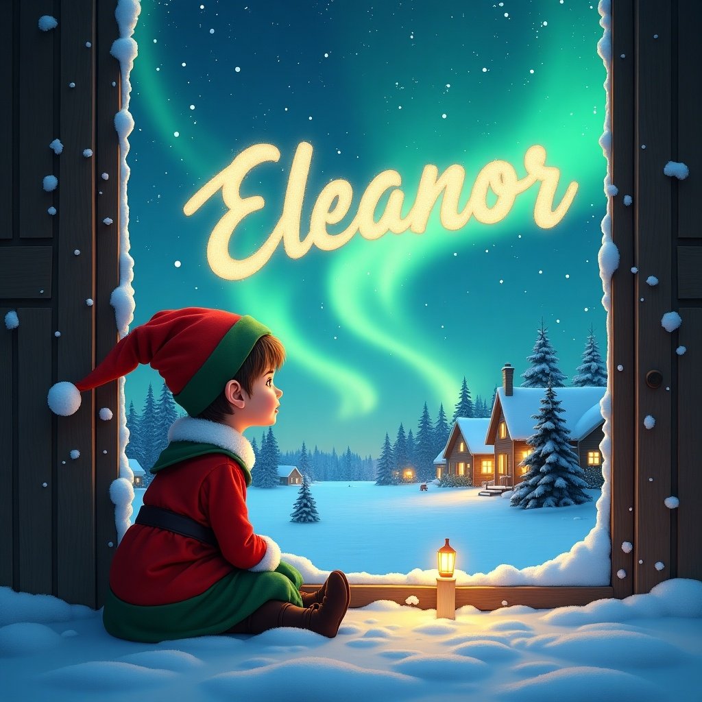 Whimsical scene with child dressed as an elf by snowy window. Child writes Eleanor in sky under vibrant northern lights. Snow covers ground. Cozy homes glow in distance. Magical festive atmosphere.