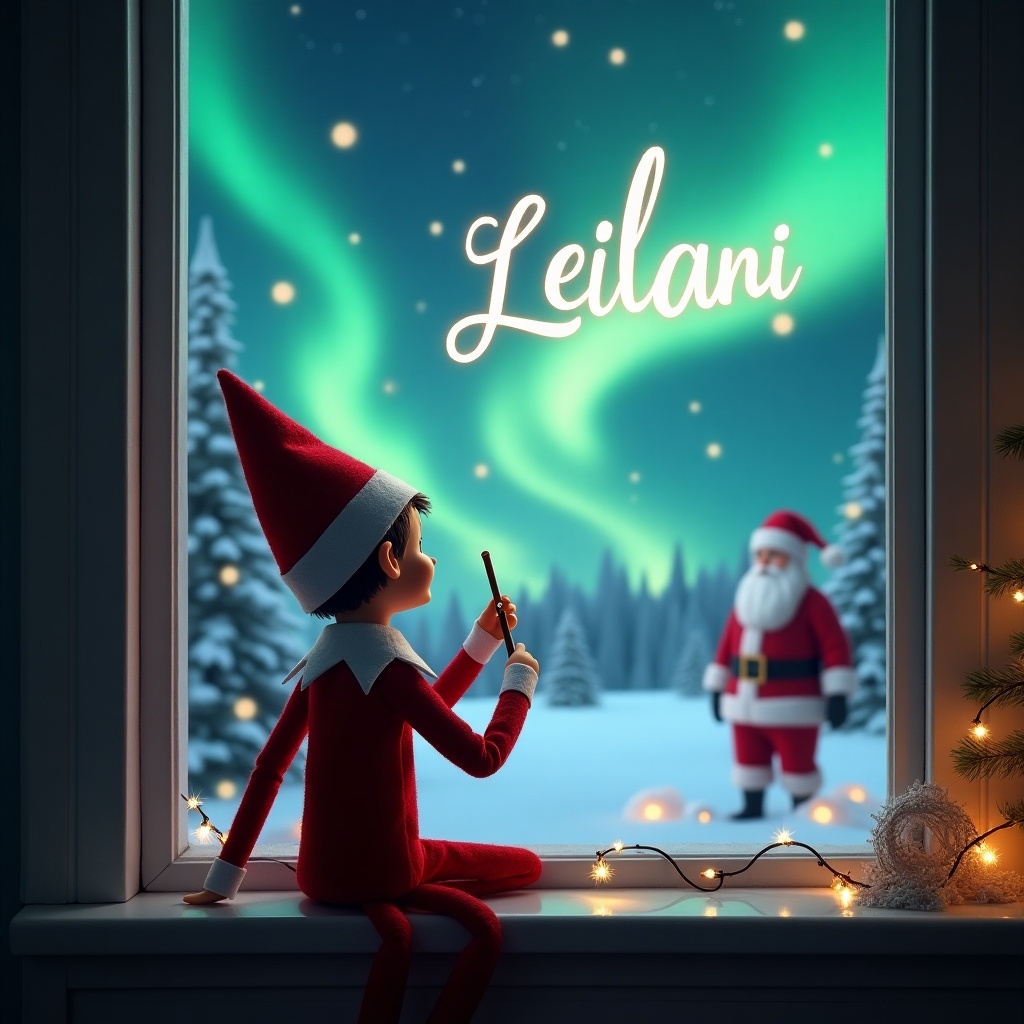 An elf on the shelf sits on a windowsill Looking outdoors with a wand writing Leilani in the sky A magical Christmas scene with northern lights and Santa Claus in the background