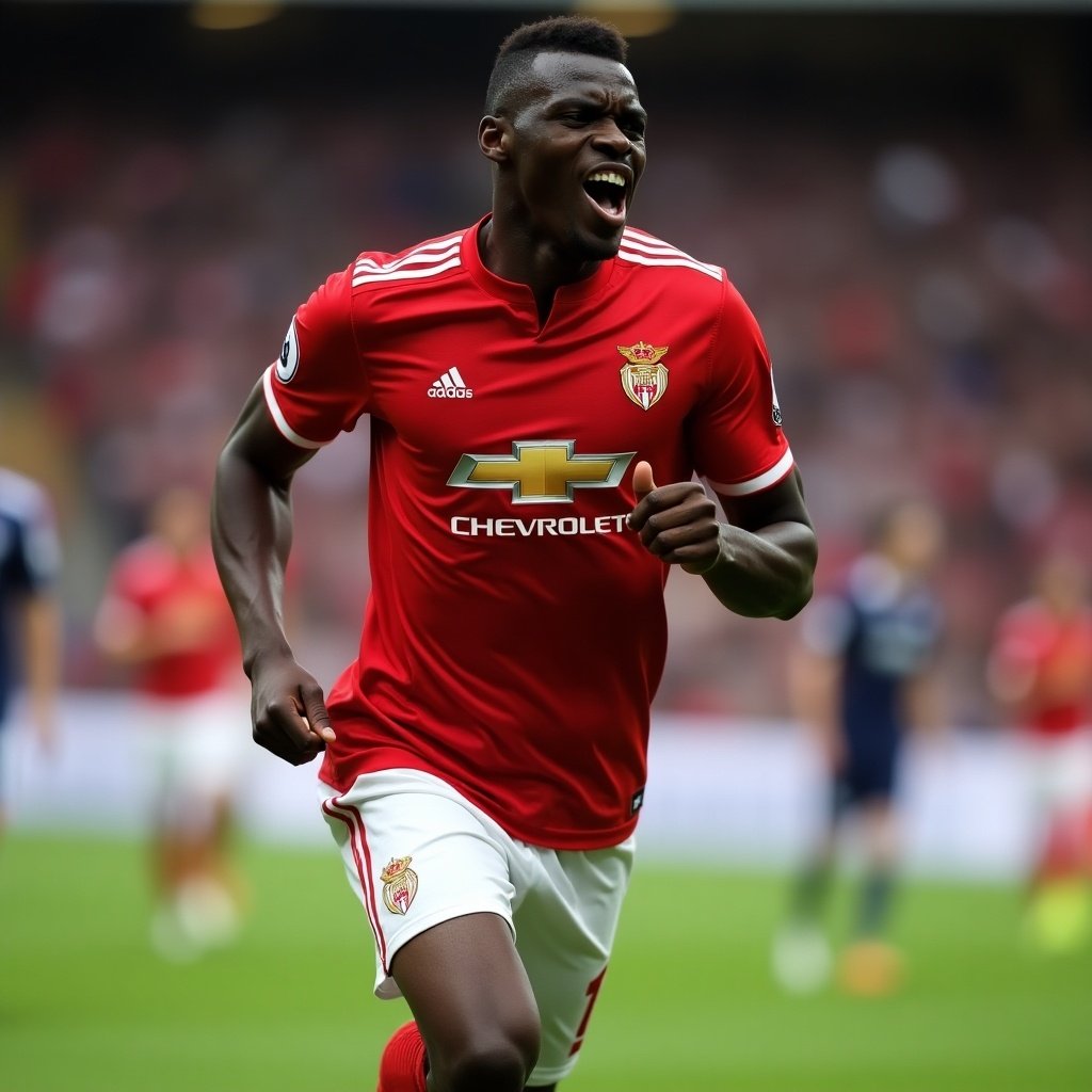 Player in red jersey celebrating after scoring a goal. Motion captured during a football match. Focus on athleticism and excitement in sport.