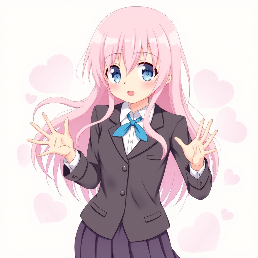 Anime character in a digital speedpaint. Character has long pink hair and blue eyes. Character wears a school uniform and reaches out with both hands. Background has soft abstract shapes.