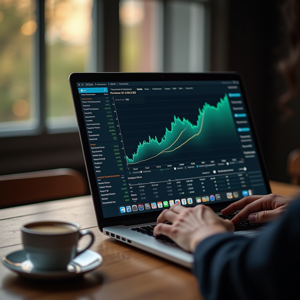 A person studies financial charts on a laptop with a cup of coffee nearby.