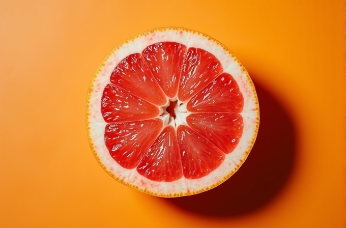 A vibrant slice of grapefruit, showcasing its juicy red segments and white pith, set against a bright orange background.