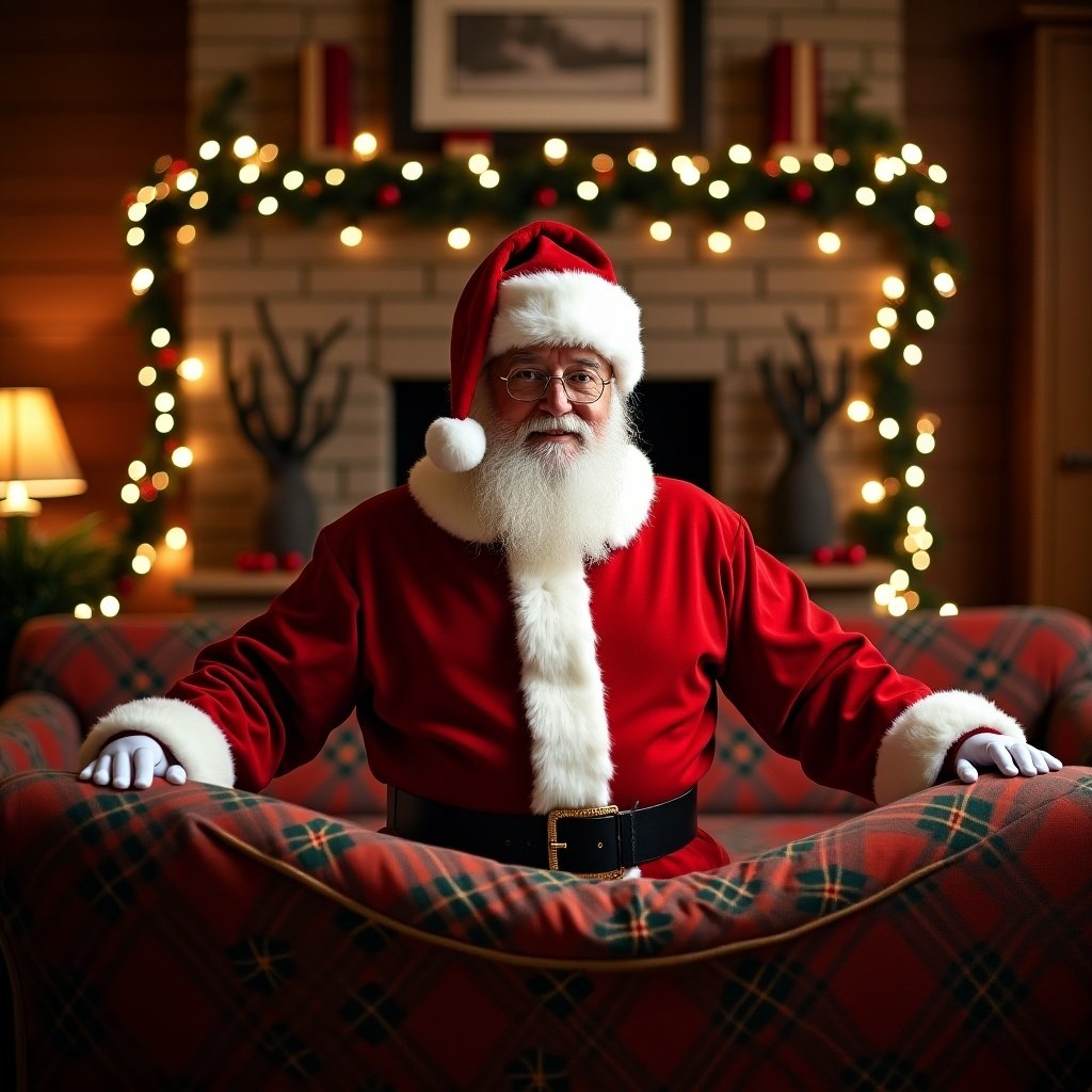 Santa Claus stands behind a couch decorated for Christmas. The room has holiday lights and a warm atmosphere. Santa wears his traditional red outfit with white trim. The couch is plaid and cozy.