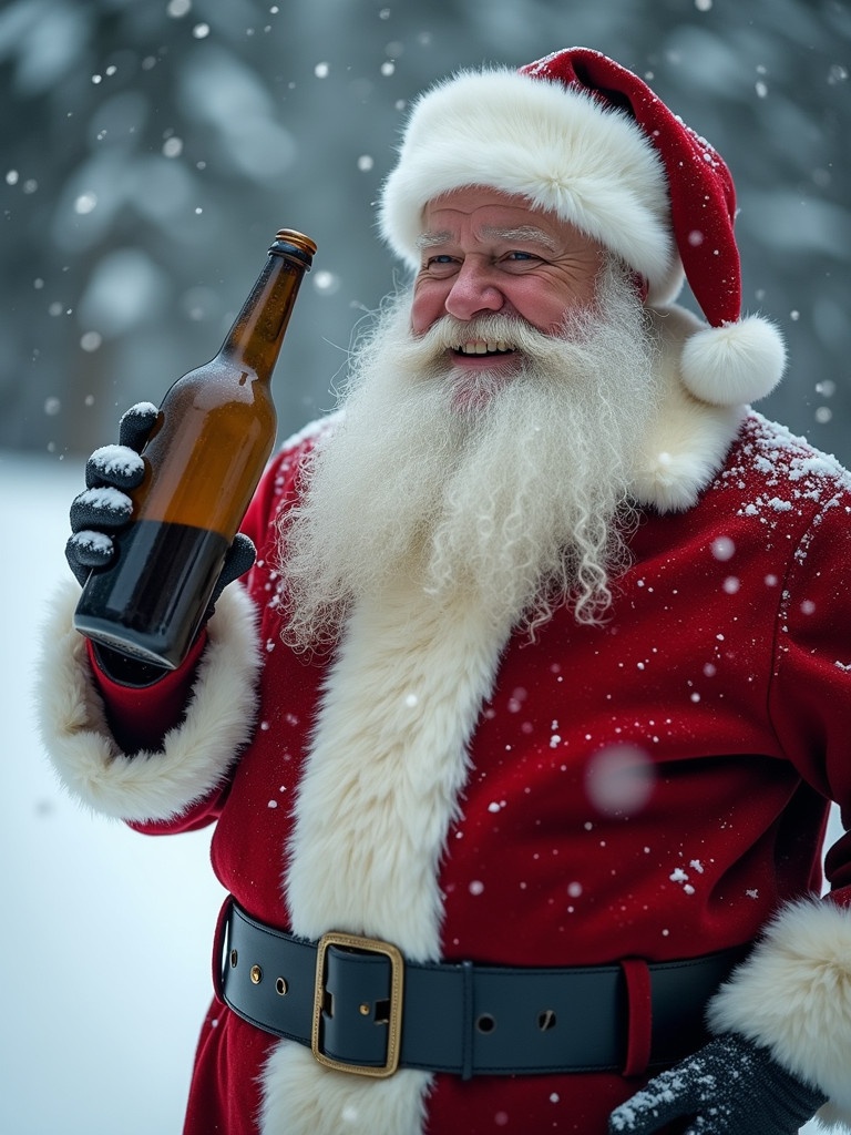 Santa Claus in a snowy landscape holds a large bottle. Bright red outfit with white fur. Snowflakes gently falling around. Picturesque winter setting.