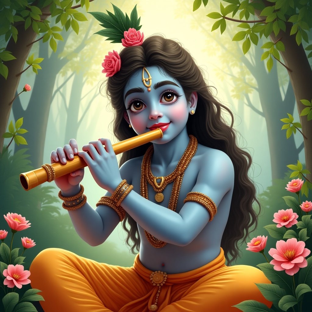 Illustration of Lord Krishna playing the flute in a serene forest setting with vibrant flowers.