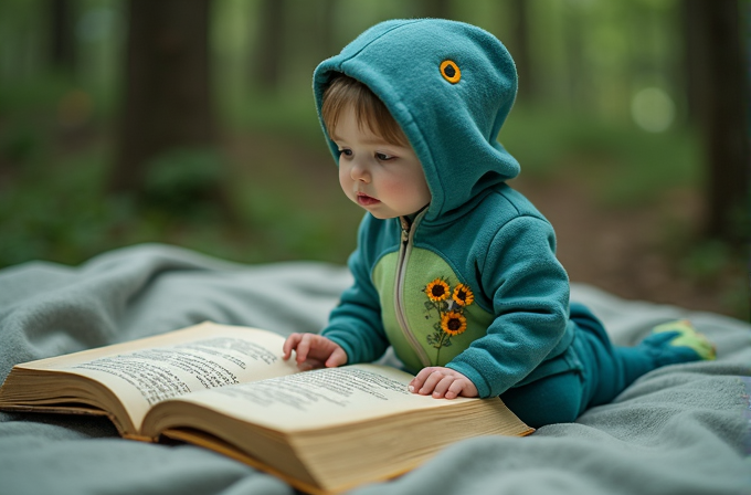 A baby in a green hoodie intently explores a large open book in a forest setting.